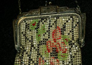 ANTIQUE ART DECO FLORAL TAPESTRY METAL MESH FLAPPER PURSE Whiting & Davis 6