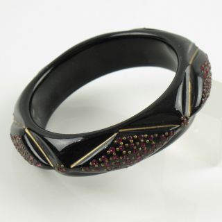 Vintage Lucite Bracelet Bangle Black Carved With Pink Rhinestones