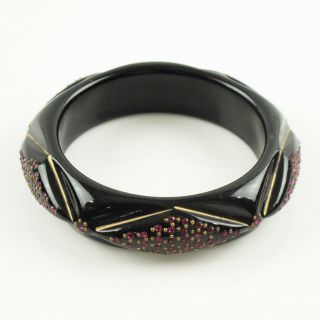 Vintage Lucite Bracelet Bangle black carved with pink rhinestones 2