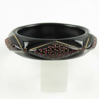 Vintage Lucite Bracelet Bangle black carved with pink rhinestones 3
