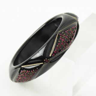 Vintage Lucite Bracelet Bangle black carved with pink rhinestones 4