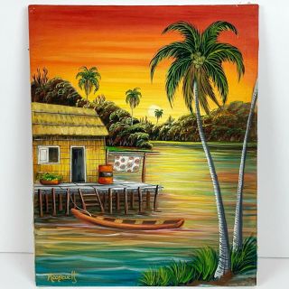 Vintage Tropical Island Life Painting Tiki Hut Bar Polynesia Hawaiiana Sunset