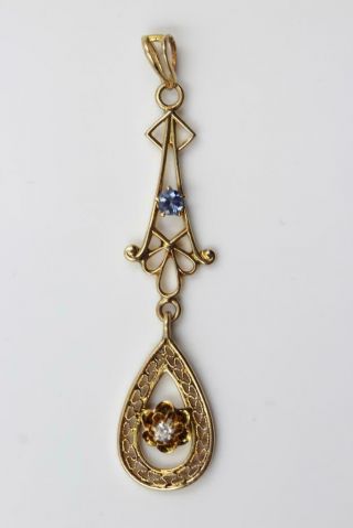 Vintage 10k Gold Mine Cut Diamond & Blue Stone Filigree Movable Lavalier Pendant