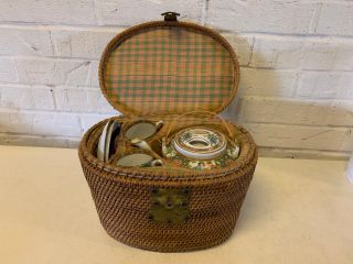 Vintage Chinese Famille Rose Medallion Porcelain Travel Tea Set In Woven Basket