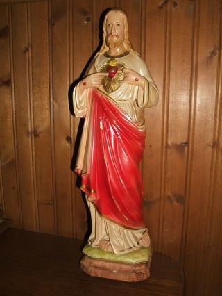 Vintage 17 " Tall Chalkware/plaster Statue Of Sacred Heart Of Jesus