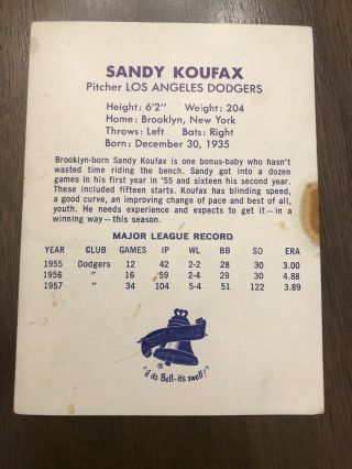 RARE 1958 Bell Brand Dodgers Sandy Koufax 7