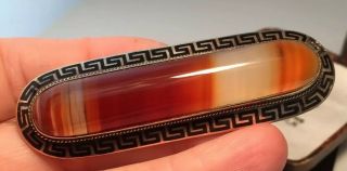 Antique Victorian Jewellery Large Banded Scottish Agate & Enamel Brooch