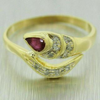 Vintage Estate 14k Solid Yellow Gold 0.  10ctw Diamond & Ruby Snake Cocktail Ring