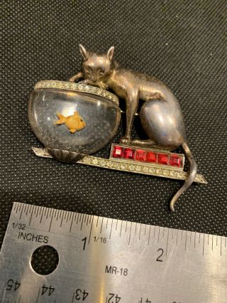VINTAGE STERLING RHINESTONE CAT PIN WITH FISHBOWL & FISH 2