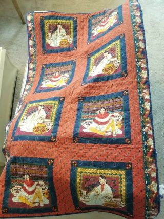 Vintage Handmade Native American Themed Quilt 65x40 Throw Blanket W/ Pocket