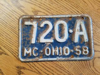 Vintage 1958 Ohio M/c Plate