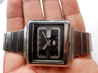 Rare Ss Vintage Rectangular Case Black Dial Seiko 5 Men Automatic Wristwatch