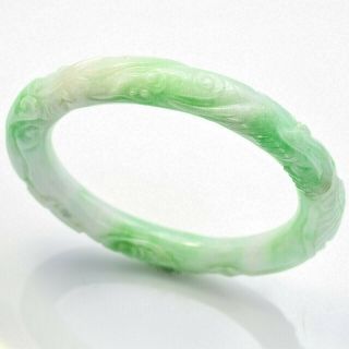 Vintage Carved Green Jade Dragon Phoenix Bangle Bracelet 52 Grams 7 Inches