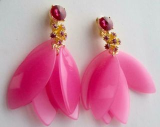 Oscar De La Renta Vintage Earrings Haute Couture Pink Rhinestone Lucite Petal Sh