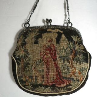 Vintage Antique Petit Point Purse Scenic Medieval Tree Of Life Dog 800 Silver