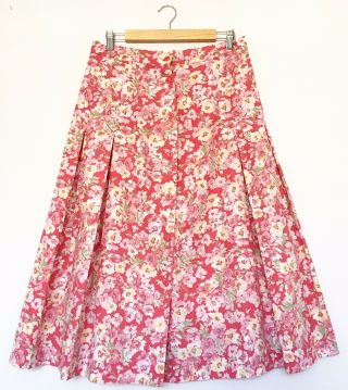 Laura Ashley Vintage Pink Floral Pleated Button Down Cotton Skirt Size 16