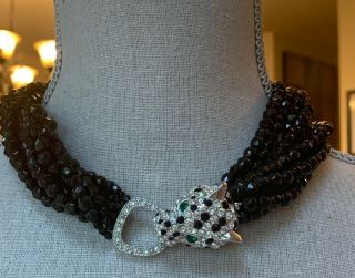 Vintage Kenneth Jay Lane Kjl For Avon Panther Rhinestone Black Beads Necklace
