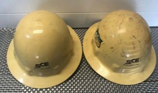 2 Vintage Sce Fibre - Metal Hard Hats Superlectric Yellow Edison 29 Safe Years