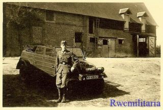 Rare Wehrmacht Soldier Posed W/ Vw Type 82 Kubelwagen Jeep (wh - 1430357)
