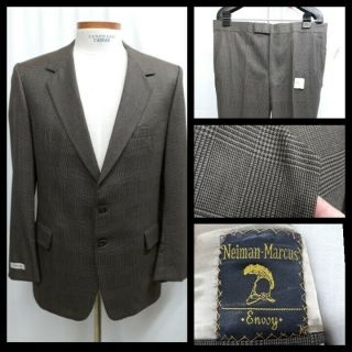 Vintage Neiman Marcus Mens Size 44 Suit Brown Glen Plaid Wool Cashmere Envoy