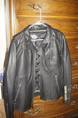Harley Davidson Ladies Black Leather Jacket Embossed Back & Sleeve Vintage Rarer