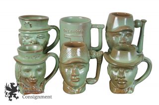 6 Vtg Frankoma Pottery Figural Mugs Prairie Green Cowboy Baseball Golf Oklahoma