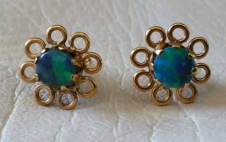 Antique Art Deco,  Natural Opal,  Flower Design,  9ct Gold,  Butterfly Back Earrings