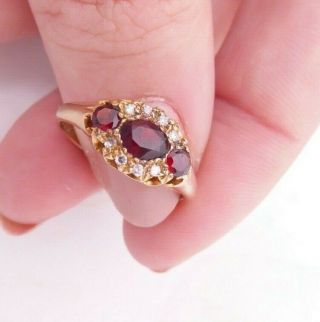 Fine 9ct/9k Gold Diamond & Garnet Cluster Victorian Style Ring,  375