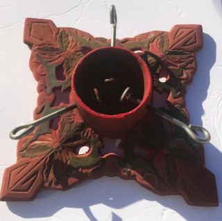 Vintage Cast Iron Christmas Tree Stand Red Square Green Reindeer Design 9,  Lbs