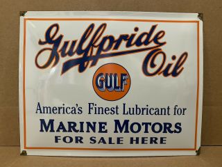 Vintage Porcelain Gulf Oil Sign Marine Motors Gulfpride Gasoline Plate Gas Pump