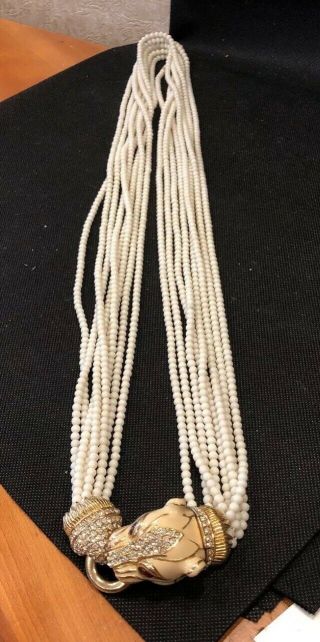 Rare Vtg Signed Ciner 35” 8 Strand White Glass Bead Necklace With Panther Clasp