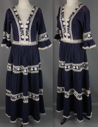 Vtg 60s 70s Navy Cotton & Crochet Mexican Wedding Dress 2224 1960s 1970s Maxi