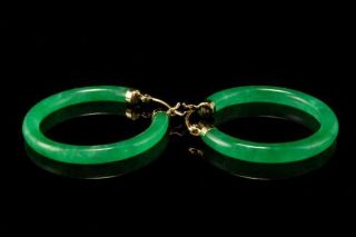 Vintage Chinese Apple Green Jade 585 14k Gold Hoop Earrings A80127