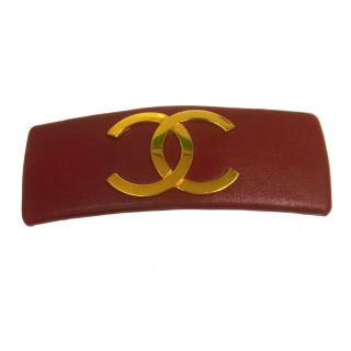 Authentic Chanel Vintage Cc Hair Barrette Red Leather Accessories Ak31344