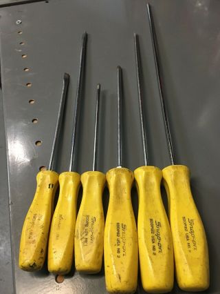 Rare Vintage Snap On 6 Piece Yellow Hard Handle Extra Long Screwdriver Set