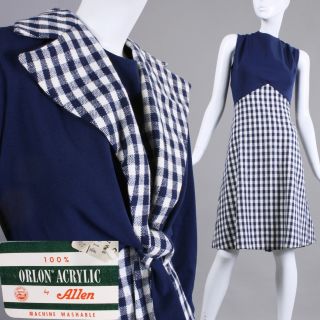 L Vintage 1960s Nos Blue White Gingham Dress Bolero Set Mod 60s Tags Deadstock