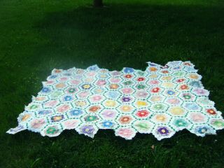 Vintage Quilt Top Grandmothers Flower Garden Hand Stitched 72 " X 80 " Unfinished