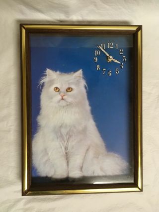 Vintage Cat Clock 1985 3d White Persian Yellow Eyes Creepy Cute Emdur 1980s