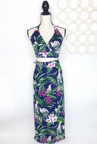 Vtg Natural Hawaiian Sarong Crop Top Set Dress 100 Rayon Hibiscus Bird Paradise