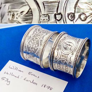 Pair 1878 William Evans Solid Hallmarked Silver Napkin Ring Chaste Victorian 53g