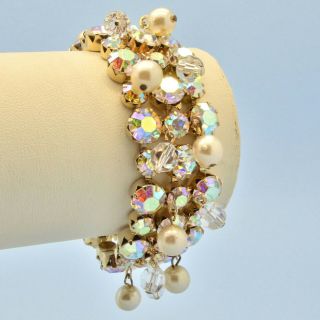 Vintage Bracelet Kramer 1950s Ab Crystal Faux Pearl Drops Goldtone Jewellery