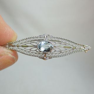 Antique Art Deco Filigree 14k White Gold Pin With Aquamarine - 3.  2 Grams