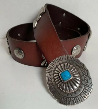 Ralph Lauren Rll Sz S Vintage Studded Brown Leather Belt Silver Turquoise Buckle
