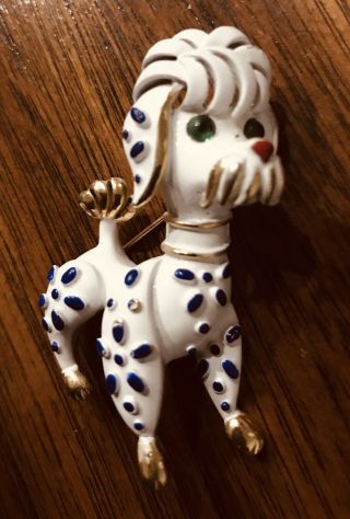 Vintage Signed Crown Trifari Jem Stone Eyes Poodle Dog Pin Brooch
