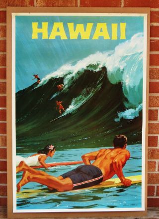 Vintage 1950s Hawaii Surfing Surfer Travel Poster,  Chas Allen