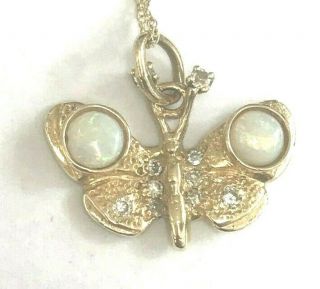 Vintage Butterfly Shaped Pendant Diamonds & Opals 14k Yellow Gold 18 Inch Chain