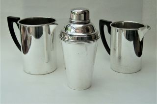 1930s James Dixon Silver Plated Cocktail Shaker,  2 Silver Plated Bar Ware Jugs