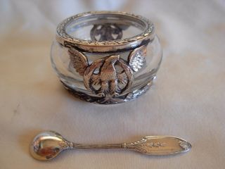 C.  1927 Swedish 830 Silver & Crystal Salt Cellar With Spoon - By W.  A.  Bolin 3