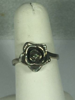 Signed Heritage Solid 10k White Gold 3d Rose Flower Ring W Diamond Size 7.  5,
