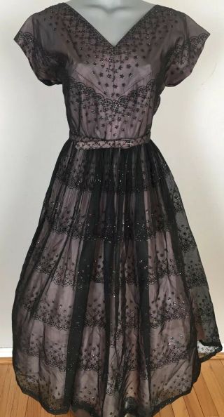 1950s Vintage Sparkle Dress - Prom Party Sheer Black Sparkle Chiffon Over Pink L
